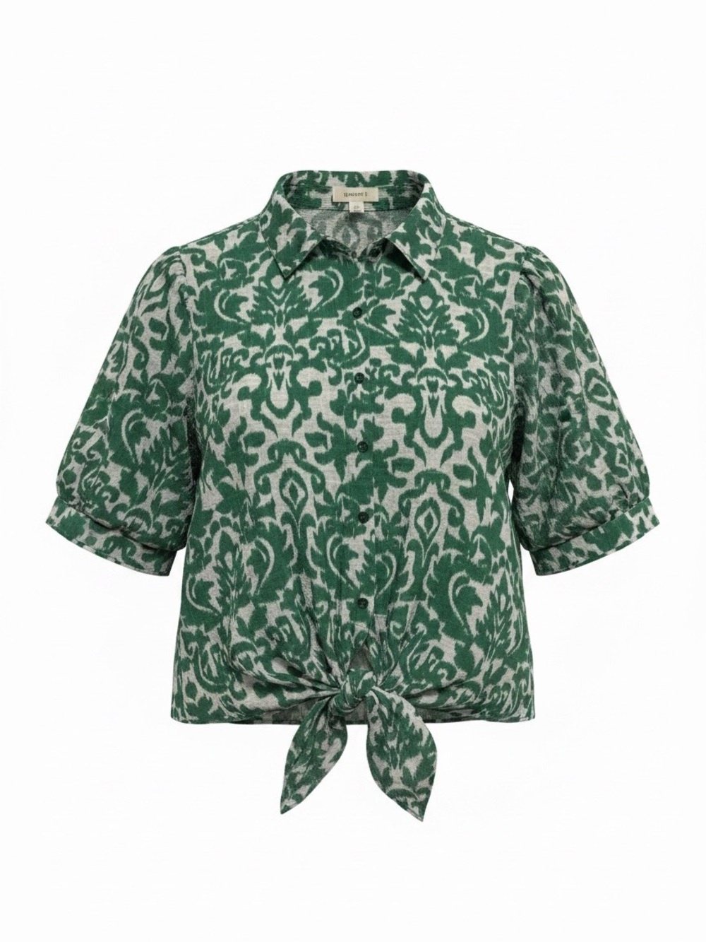 Tamara H Button-Front Tie-Hem Shirt in Green and White
